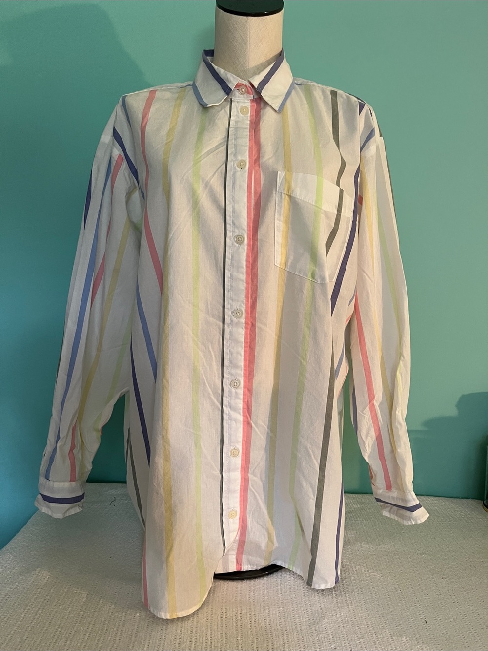 GAP White Button-Down Shirt with Pastel Multicolor Stripes